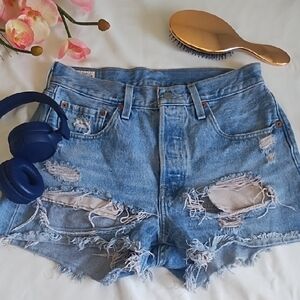 Distressed Blue Jean Shorts with Raw Hem